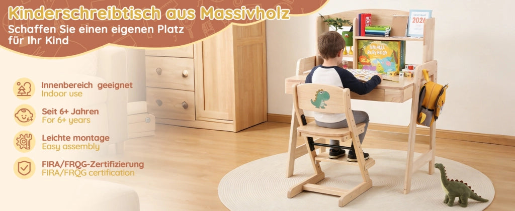 Scrivania lineare per bambini da 6 anni con altezza regolabile, cassetto, vano contenitore e gancio, in legno naturale