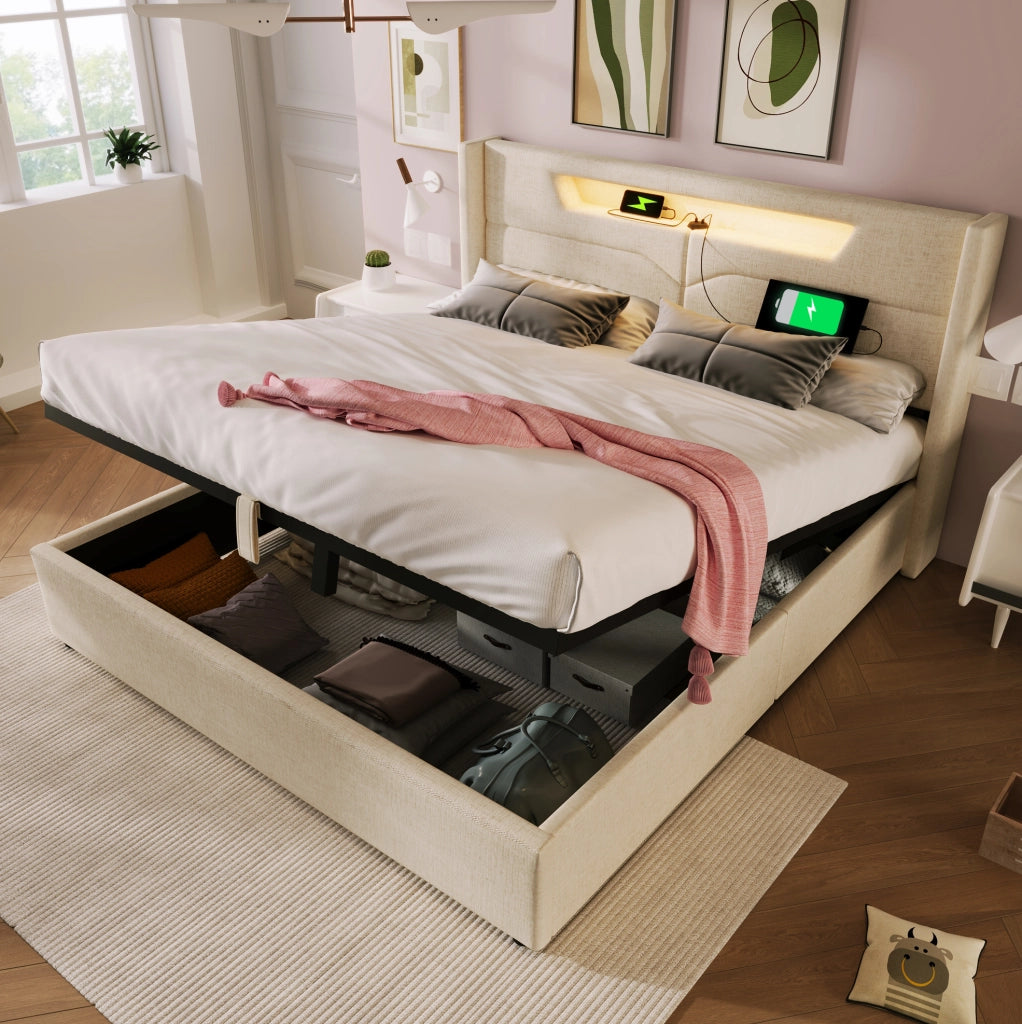 Letto matrimoniale 160x200 cm con LED; USB e Type-C; in tessuto beige