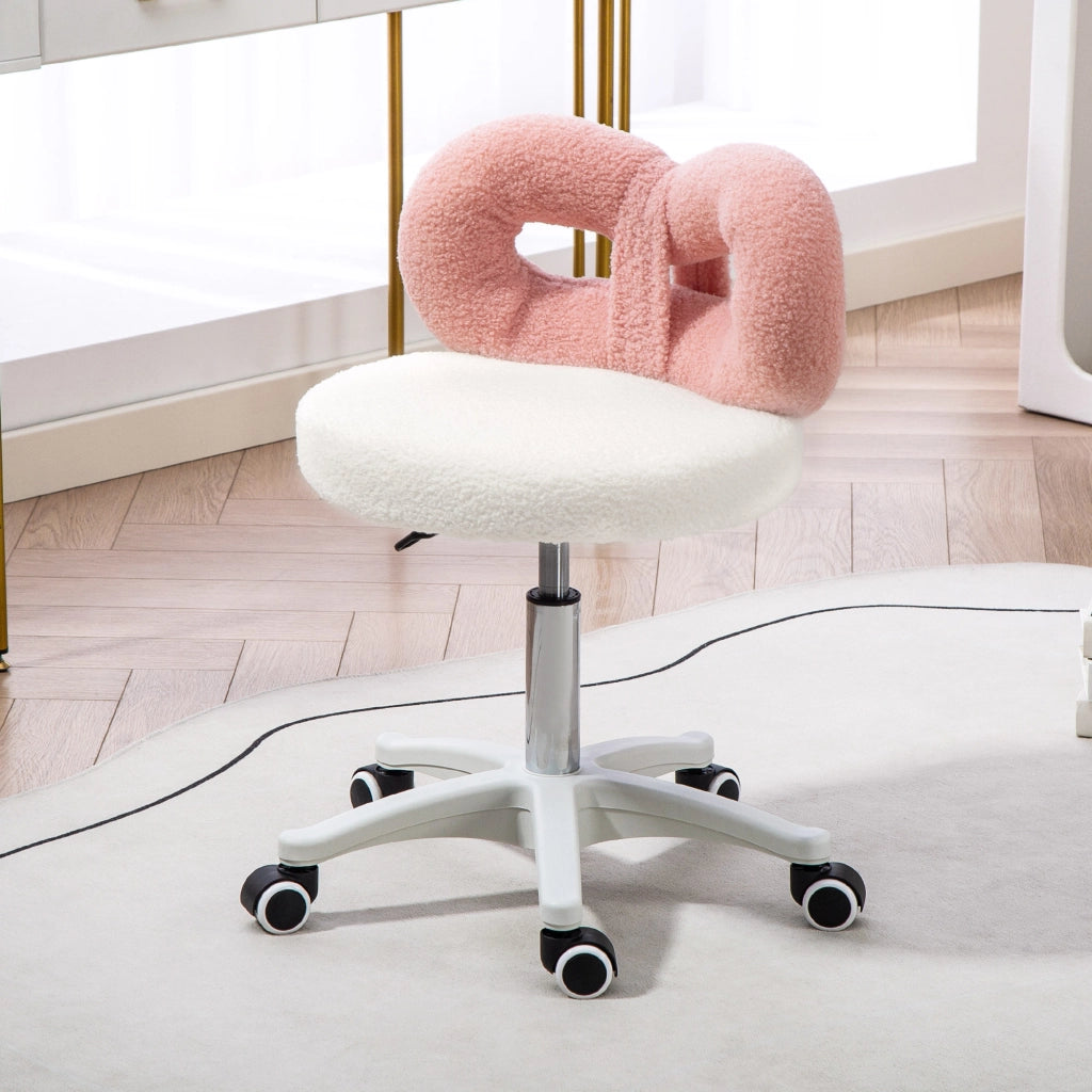 Sgabello con Schienale Regolabile in Altezza e Ruote ¨C zephmum ¨C Tessuto Borreguito Bianco e Rosa 63-77 cm