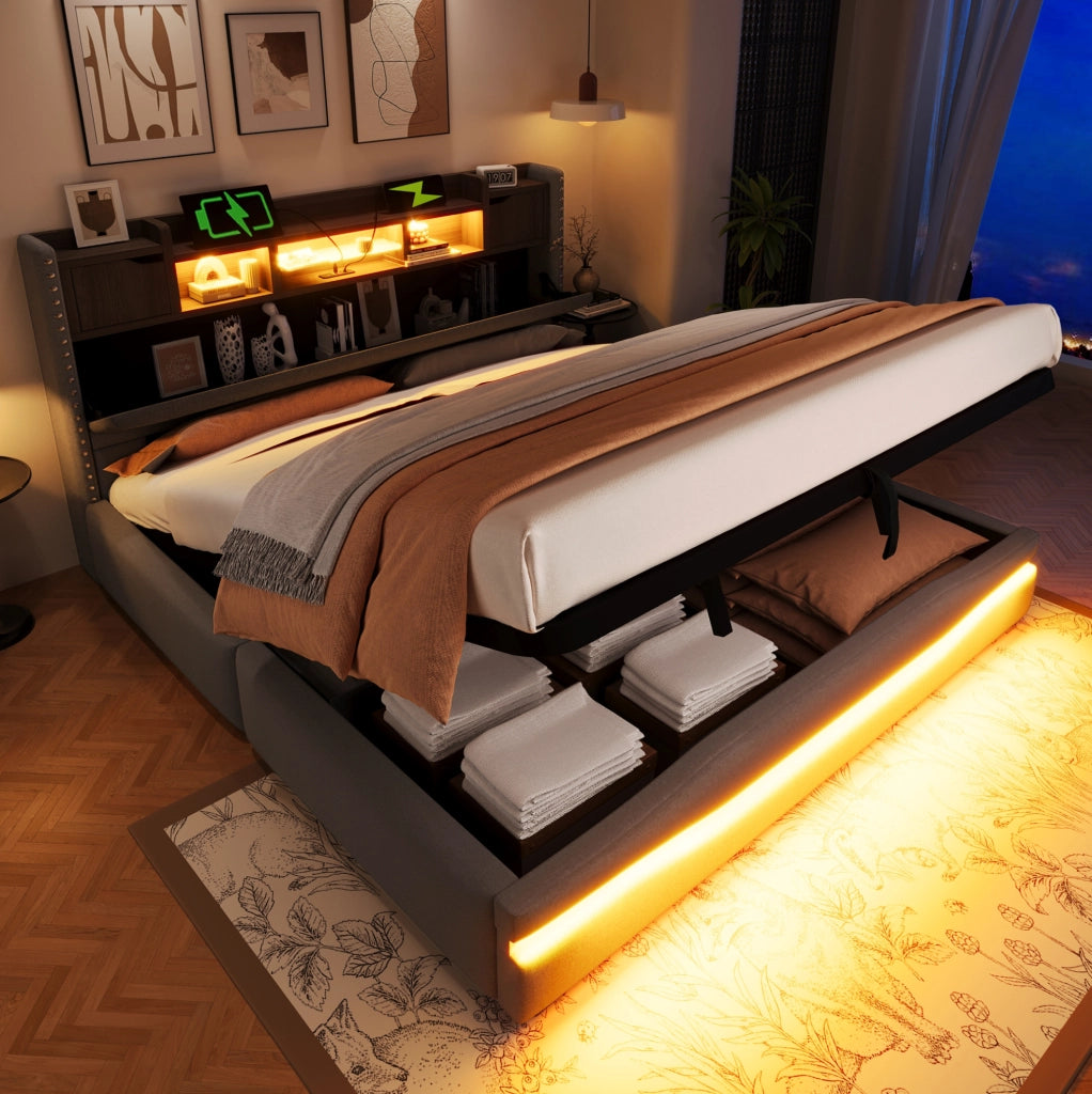 Letto contenitore 180x200 cm con LED, stazione di ricarica e testiera con vano