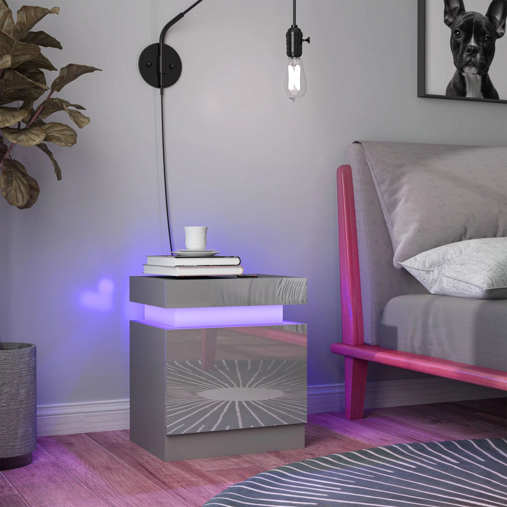 Comodino con LED e APP ¨C Xylo ¨C 2 cassetti grigio 45x35x52 cm
