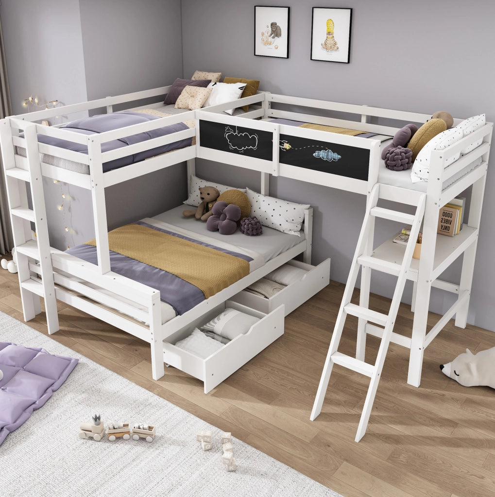 Letto a castello per bambini per 3 persone 140x200 cm e 2x90x200 cm in legno massiccio bianco e rovere