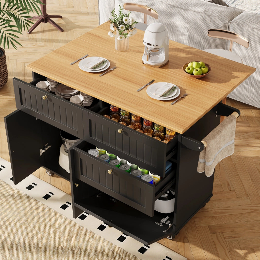 Carrello cucina 133x37.3x88 cm con ruote e piedini regolabili in MDF nero