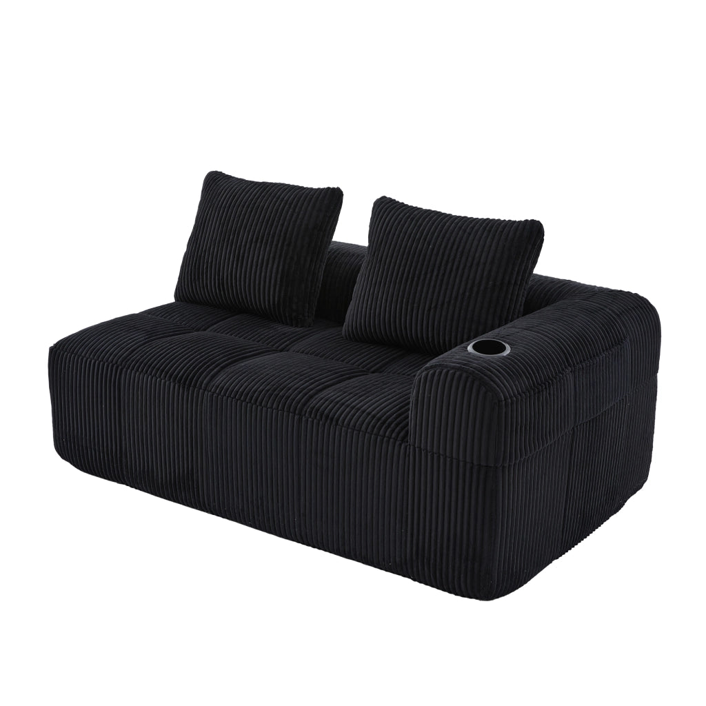 Divano diritto 2 posti con tasche laterali e portabicchieri salvaspazio in tessuto a coste nero 158 × 93 × 61 cm