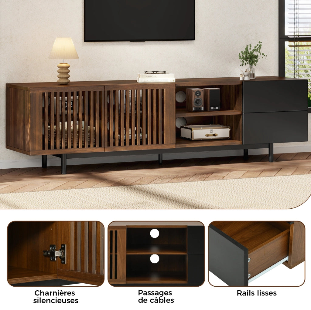 Mobile TV 160 cm con ante a doghe; 2 cassetti e vani aperti; MDF nero/naturale