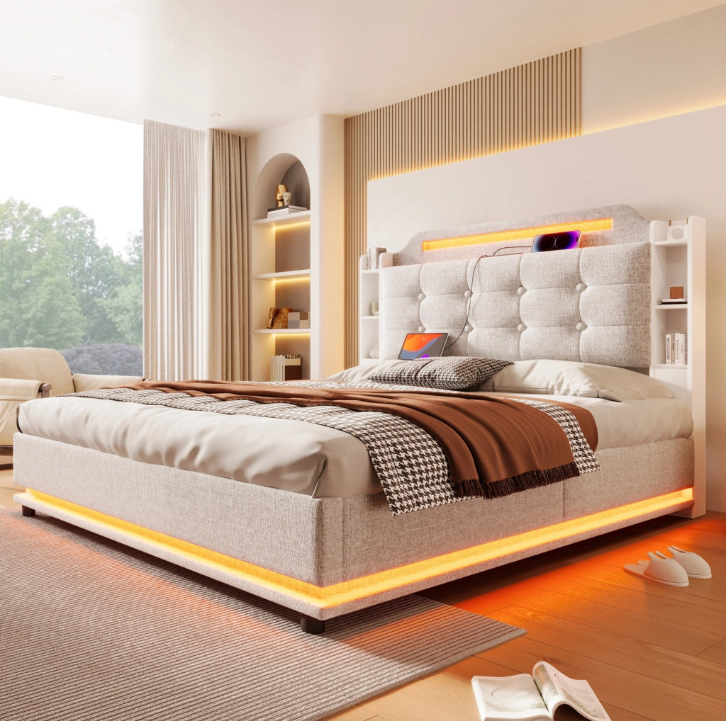Letto imbottito 140x200 cm con contenitore; LED e ricarica USB Type-C in lino beige