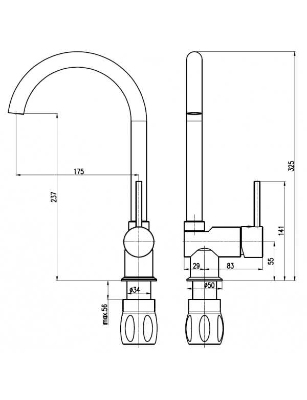 SEINA miscelatore per lavello girevole terminale tondo in ottone nero H.32,5cm