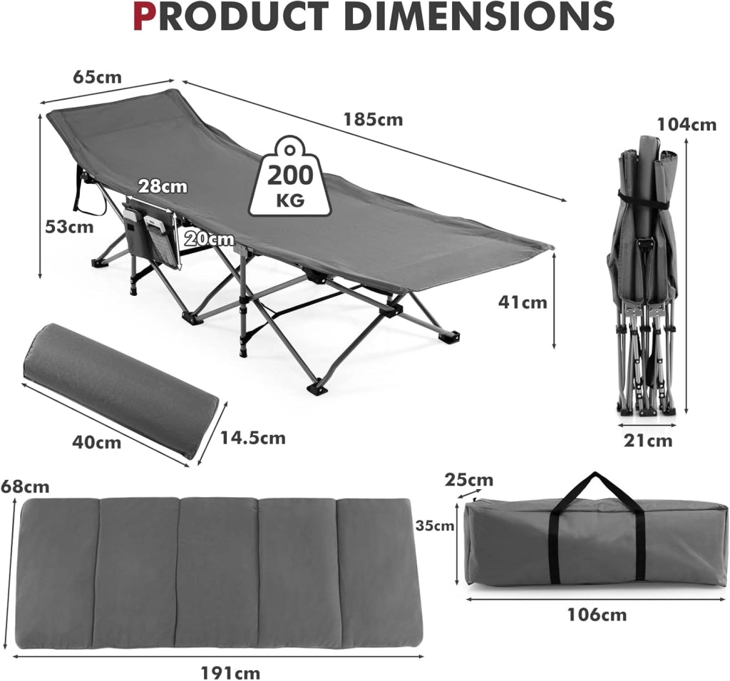 Lettino da campeggio pieghevole 190 x 67 x 50 cm, letto da campeggio con materasso rimovibile e cuscino, lettino da campeggio con borsa per il trasporto, antiscivolo, campeggio, viaggi