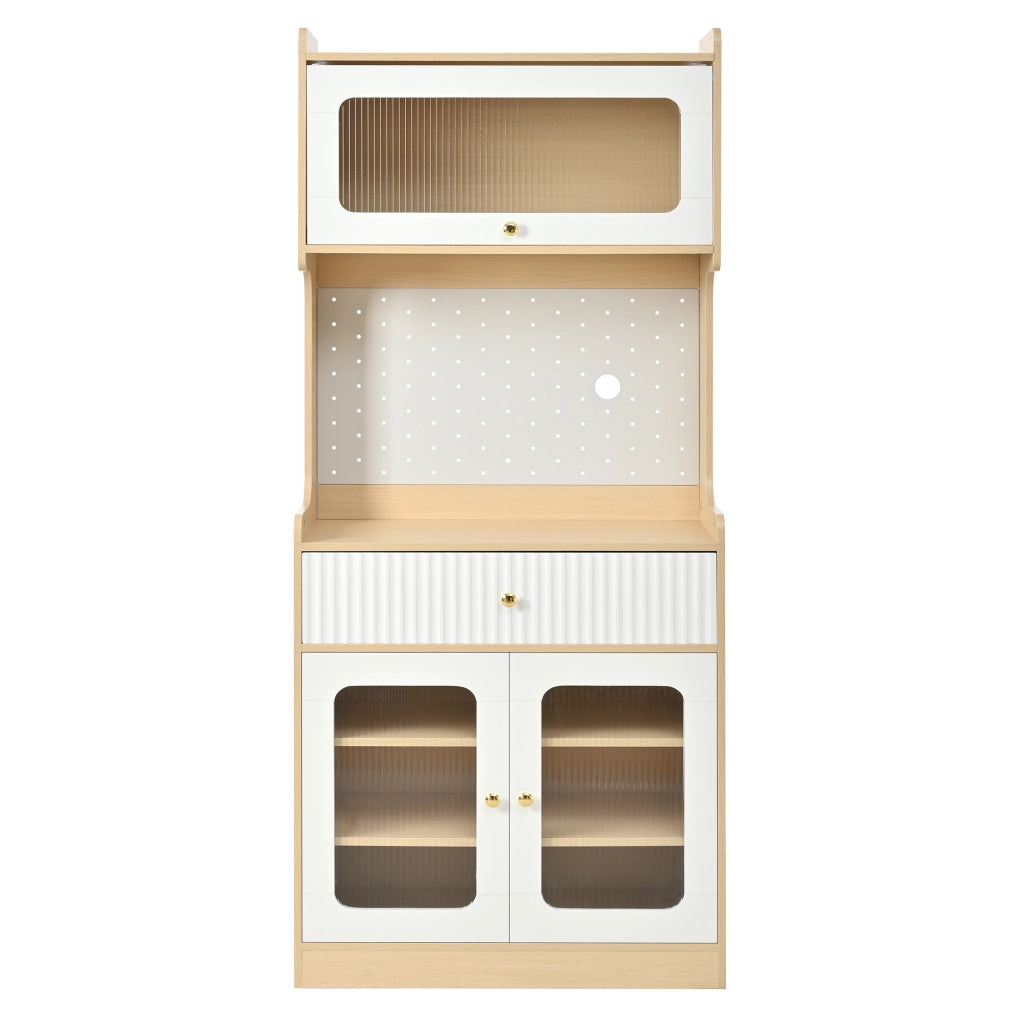 Mobile Alto con Ripiani, Cassetti e LED ¨C Xylo ¨C Legno Naturale con Vetro Scanalato