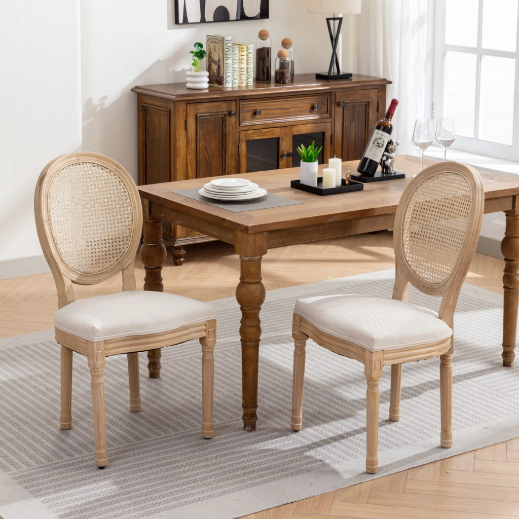Sedie da Pranzo in Legno Massello e Rattan con Seduta in Lino ¨C MINIMAL ¨C Beige, Set 2 Pezzi