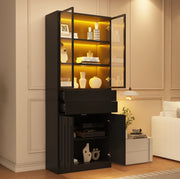 Vetrina alta con LED e 2 cassetti 70x34x180 cm in truciolare e vetro temperato; nero