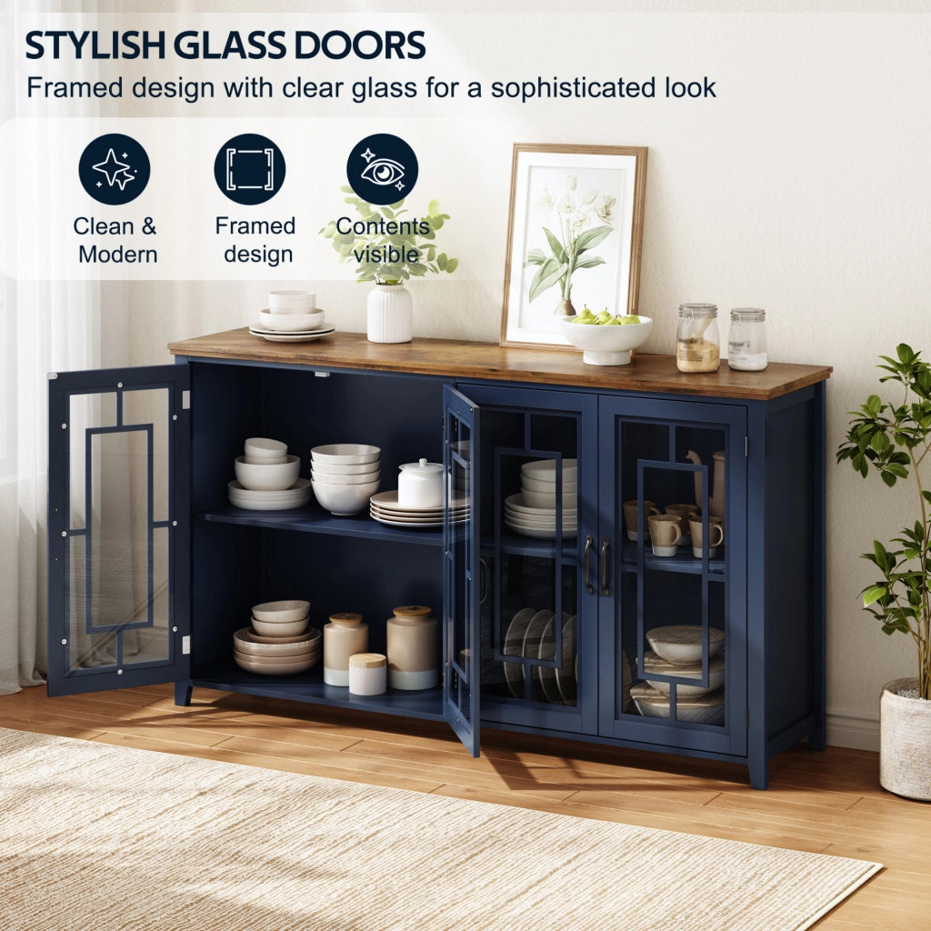 Credenza da cucina 160x40x86 cm in MDF blu con ante in vetro e piano effetto legno