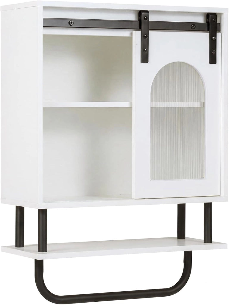 Armadietto da bagno sospeso con porta asciugamani, armadio da parete con scomparto aperto e porta scorrevole, per bagno, soggiorno, cucina, 50 x 20 x 69,5 cm, bianco