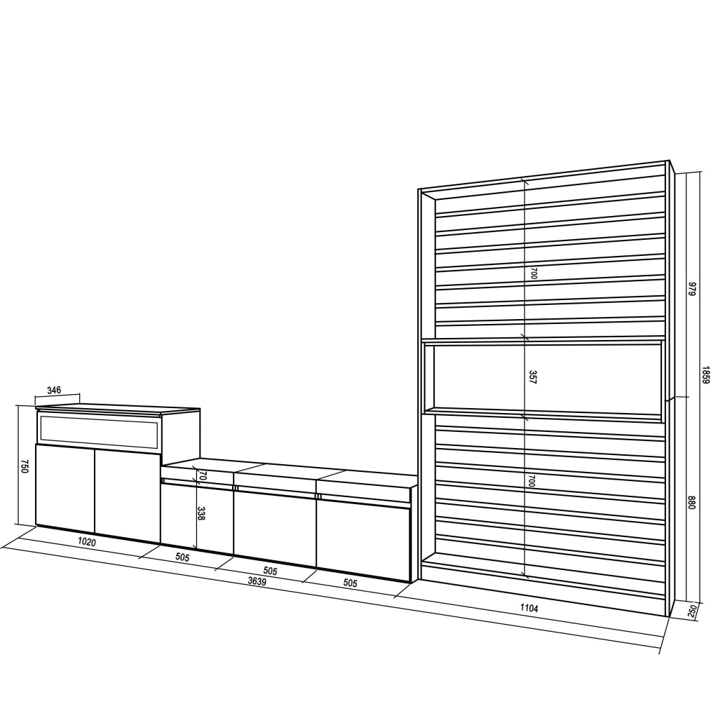Mobile TV, Soggiorno, 360x35x186cm, Per TV fino a 65", Camino elettrico, colore Rovere e nero RF3164