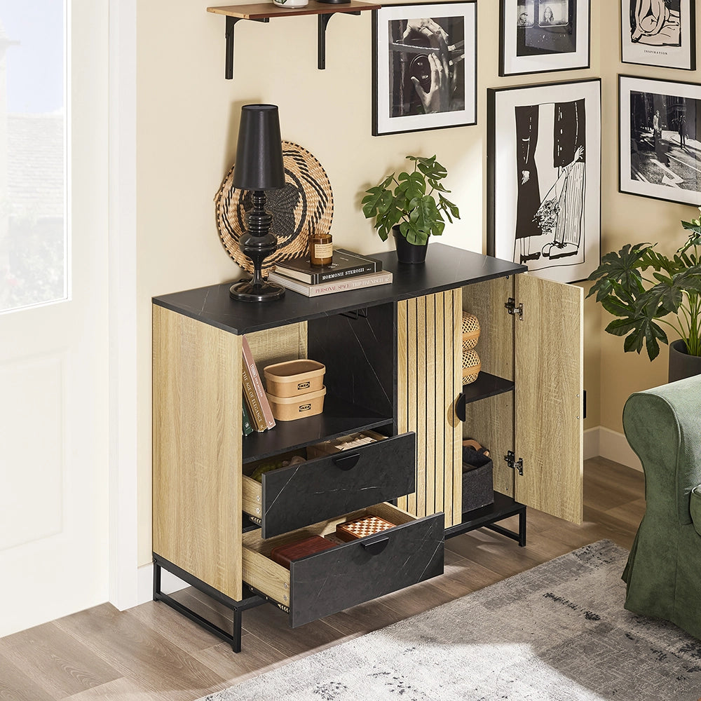 SoBuy mobile cucina salvaspazio, mobiletto cucina – credenza cucina e madia soggiorno con vano microonde Ø6cm, 2 cassetti, anta a lamelle, ripiano regolabile, gambe in metallo, 107×40×85 cm FSB103-N