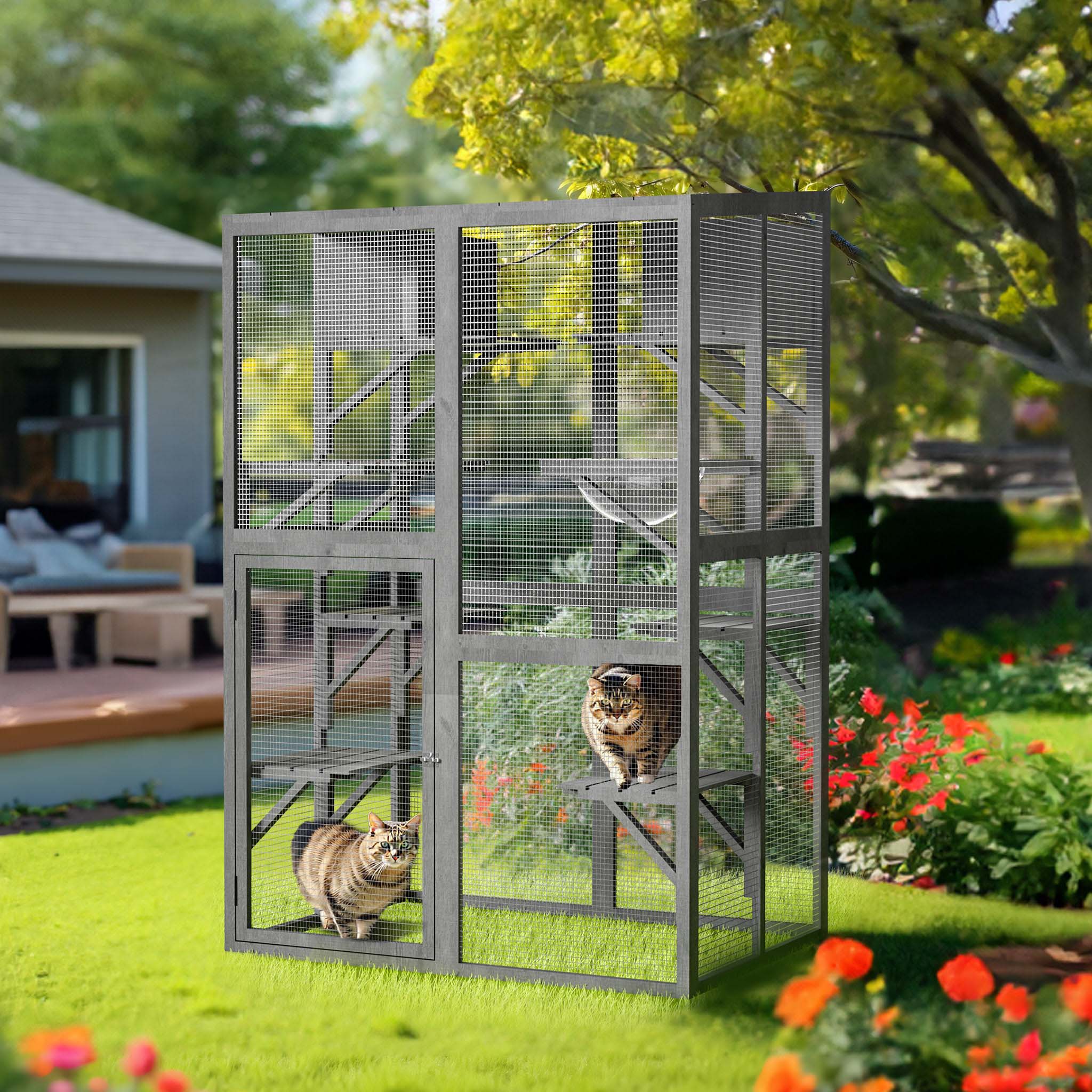 Recinto per gatti da esterno 116 x 82 x 175,7 cm, legno, tetto in PVC, 5 livelli, recinto per gatti per giardino, balcone, rifugi