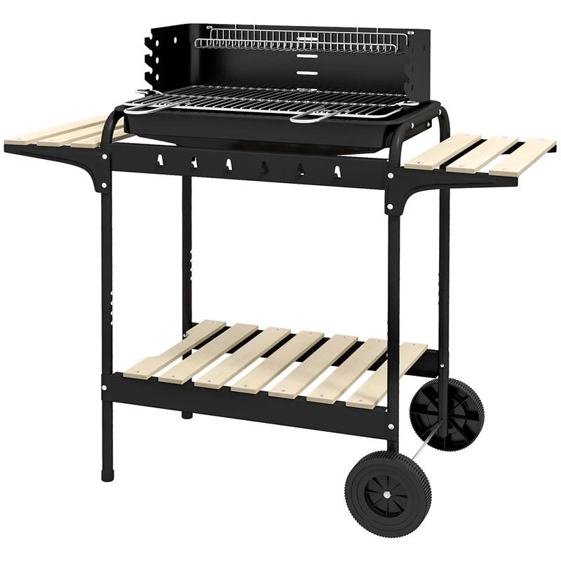 BARBECUE A CARBONELLA AD ALTEZZA REGOLABILE CON 3 RIPIANI E VASSOIO IN METALLO LEGNO 113X53.5X82.5 CM NERA