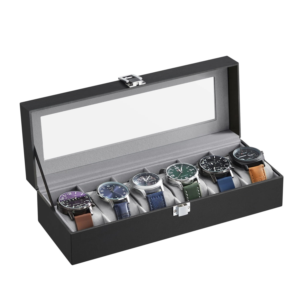 Valora Custodia per orologio nera con 6 scomparti e coperchio in vetro - contenitore