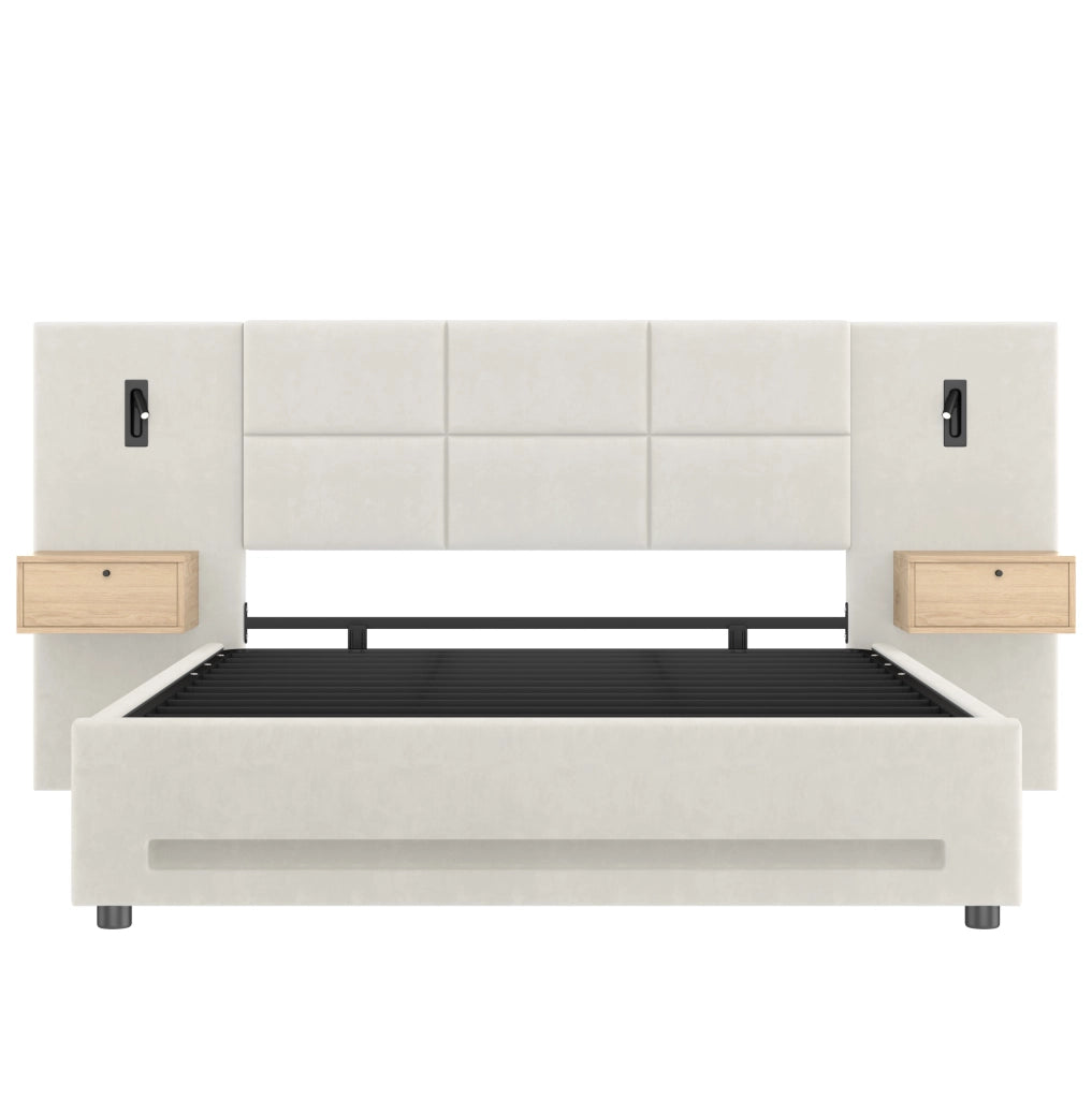 Letto 160x200 beige in velluto con contenitore idraulico e USB-C