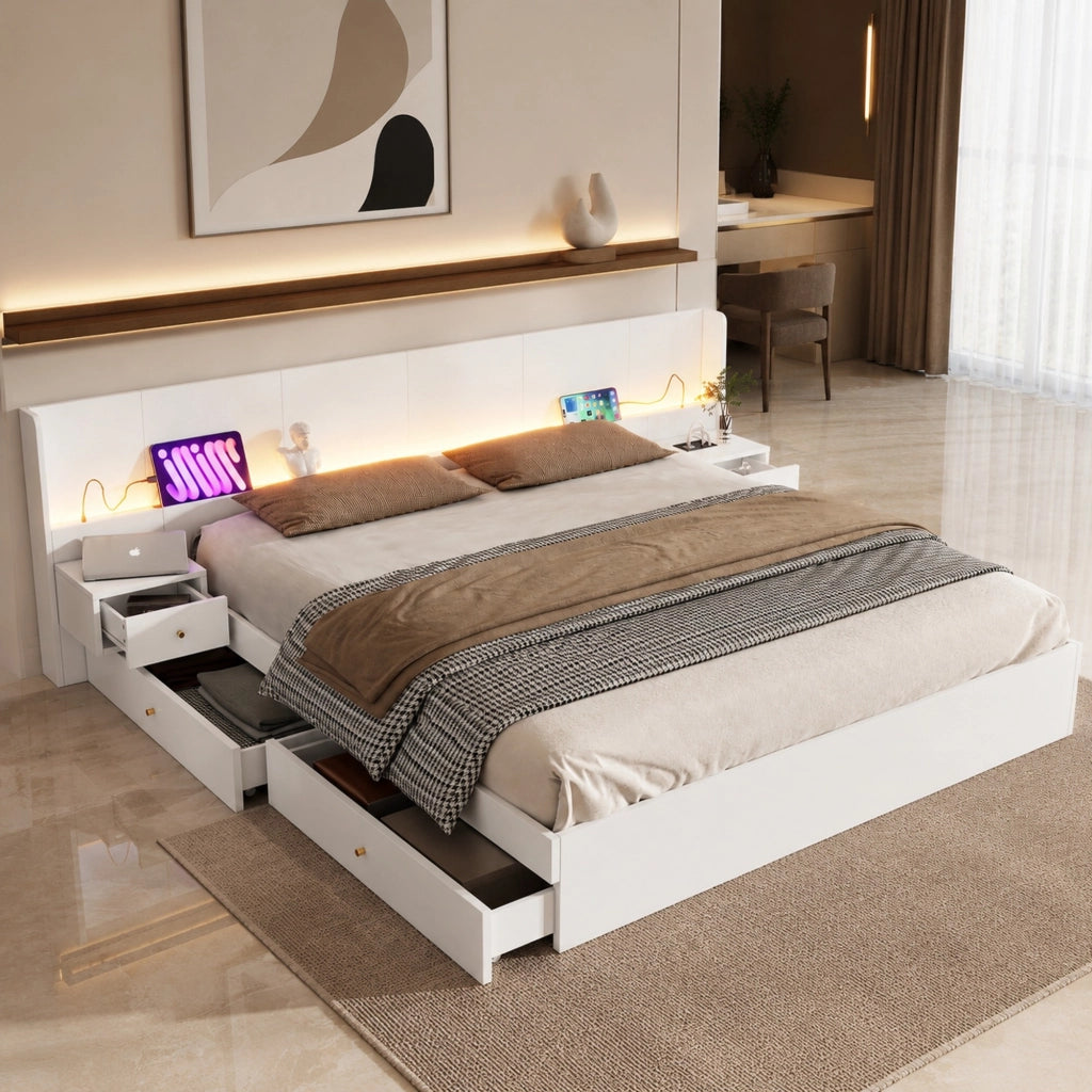 Letto matrimoniale 180x200 cm in MDF bianco con USB, prese, LED APP, 2 comodini, 2 cassetti, senza materasso