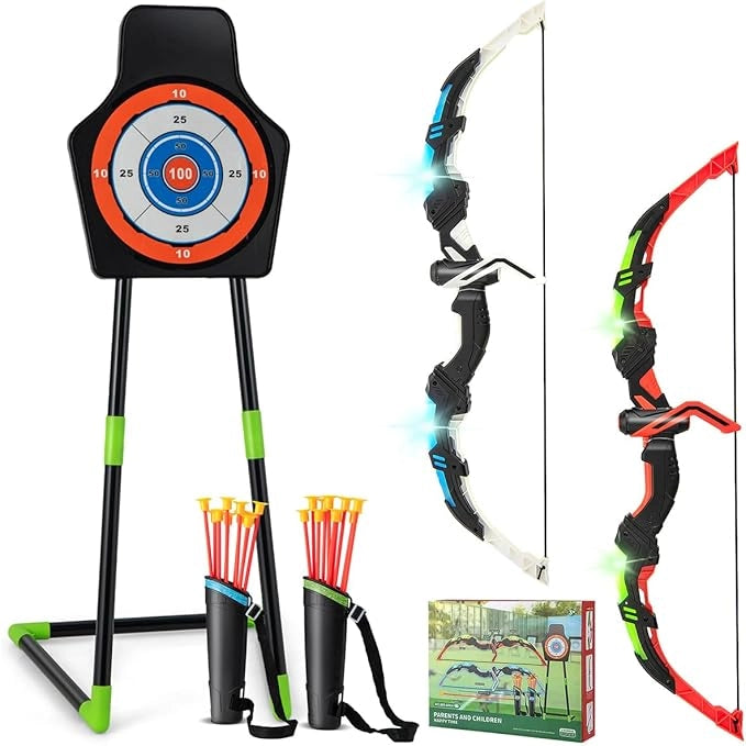 Set di 2 Archi e Frecce per Bambini, Giocattoli con Arco e Frecce LED con 20 Frecce a Ventosa, Fasce per Interni ed Esterni, per Ragazzi 3 anni +
