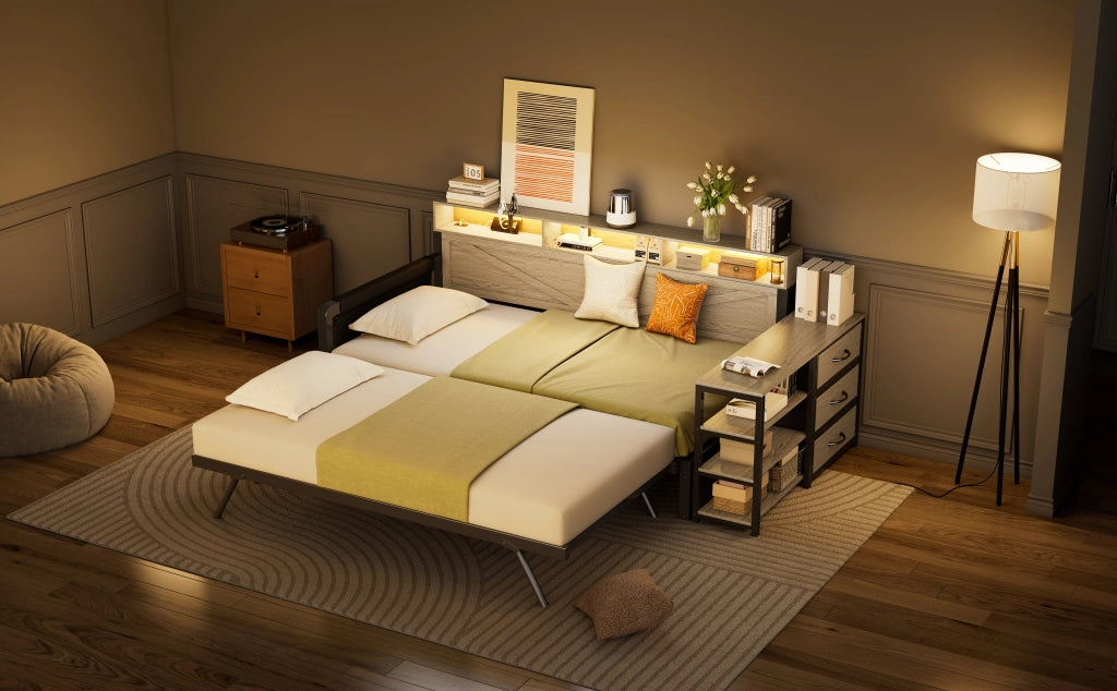 Divano letto in metallo 90x200 nero, letto estraibile regolabile, letto con 3 cassetti, LED e USB