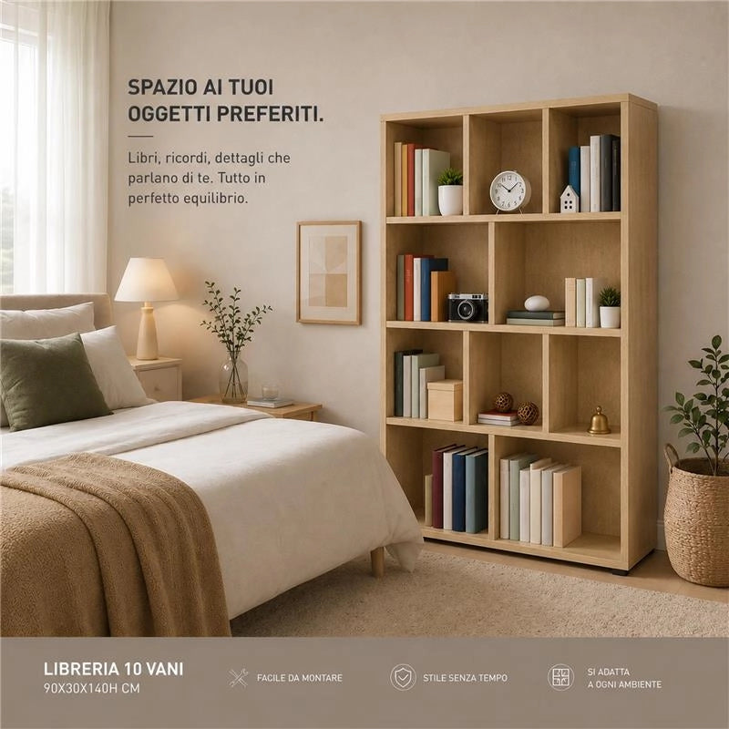 LIBRERIA IN LEGNO CON 10 RIPIANI COLORE ROVERE DIMENSIONI 90X30X140 CM