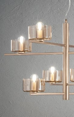 SOSPENSIONE FIGARO 12 LUCI ATTACCO E14 ORO E AMBRA D.94CM H.65CM