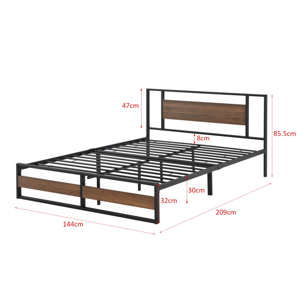 Letto in Acciaio con Materasso a Schiuma Fredda 200 x 140 cm Letto Matrimoniale/Francese in Stile Moderno con Elementi Decorativi in Effetto Legno di Color Noce  - Struttura Nera
