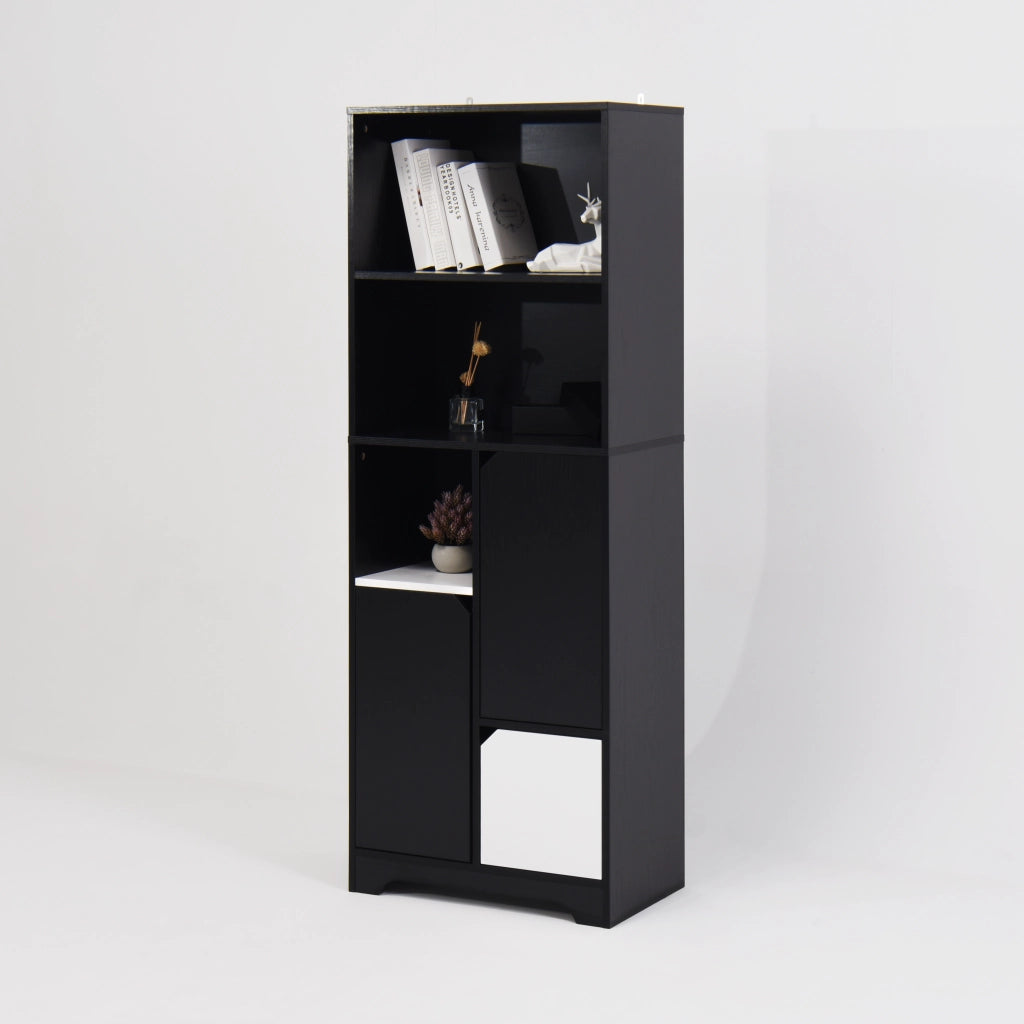 Scaffale multifunzionale - Zephmum- Stile moderno, nero e bianco, con ripiani aperti, ante e cassetti
