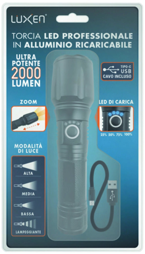 Luxen TORCIA PROFESSIONALE RICARICABILE IN ALLUMINIO 20 W, 2000 lumen, 4 modalitÃE di luce + Zoom