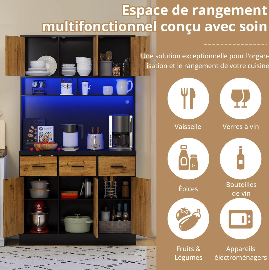 Credenza cucina moderna 100 x 40 x 180 cm in PB e MDF; nera e naturale; con LED e prese USB