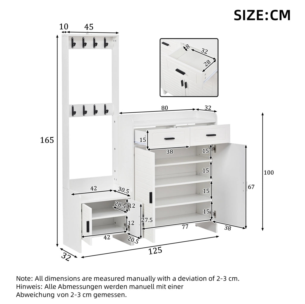 Garderobiera 125x36x165 cm con 8 ganci; 2 ante; 2 cassetti e 6 ripiani in MDF e truciolato bianco