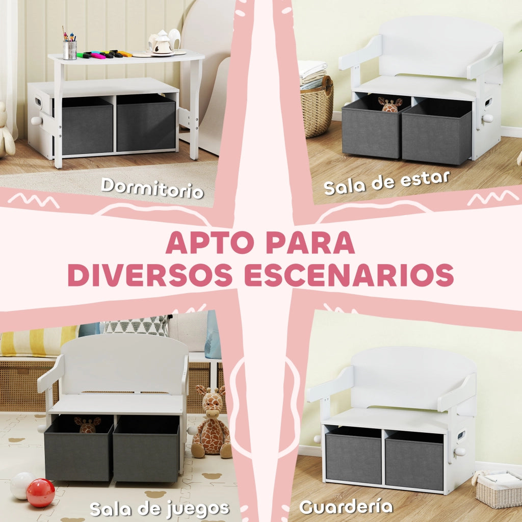Set tavolo e sedie bambini 3 in 1 convertibile ¨C Xylo ¨C con contenitore portagiochi bianco