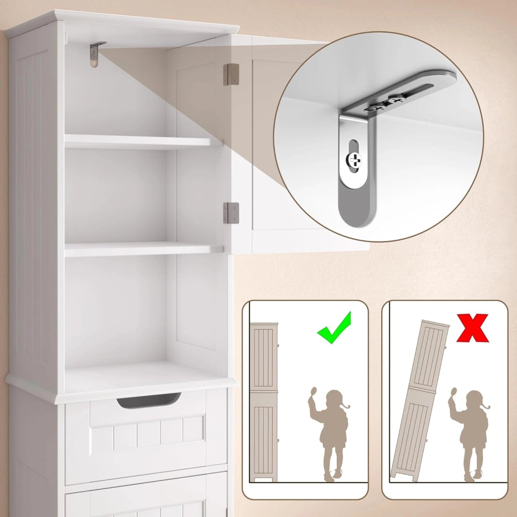 Mobiletto da Bagno Alto con Ripiani Regolabili, Cassetto, Scomparto Aperto, Porte Magnetiche e Protezione Antiribaltamento – 170 x 40 x 30 cm (Bianco)
