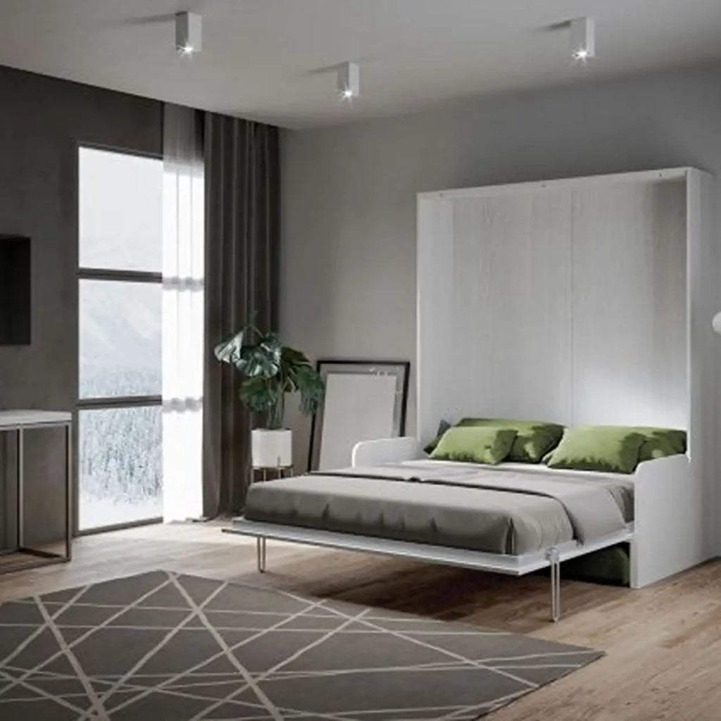 Letto matrimoniale a scomparsa 160 Kentaro con divano bianco frassino, verde