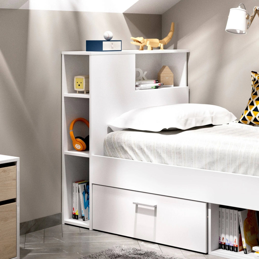 Letto per bambini Adrielle, Lettino per cameretta con testiera, Struttura per letto singolo con cassetto e scaffali, 218x99h96 cm, Bianco