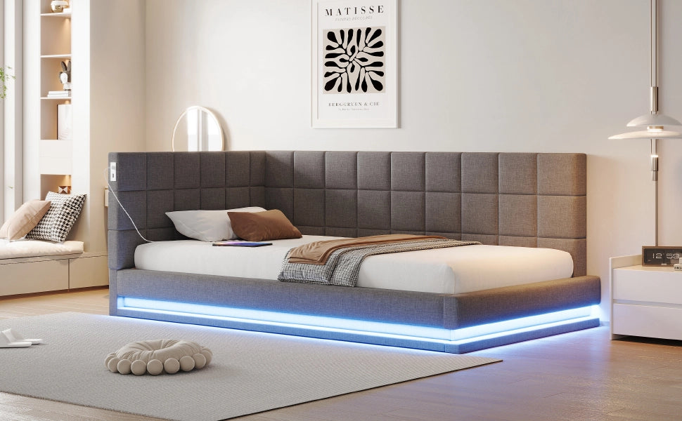 DESMIU Divano letto 90 × 200 cm 1 posto con LED, USB e rete, senza materasso, in lino, grigio