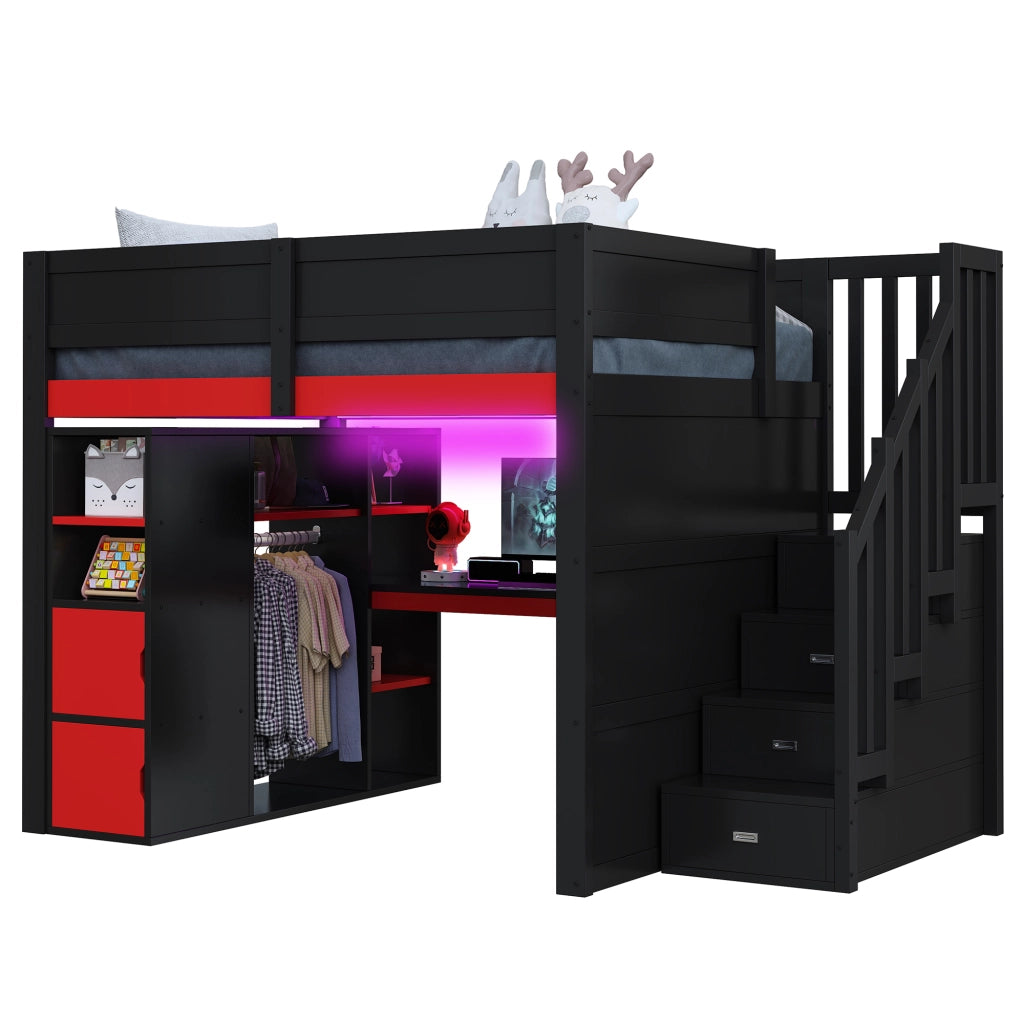 Letto a soppalco da gaming 140x200 con scrivania, luci LED, presa USB e scale contenitore, nero e rosso