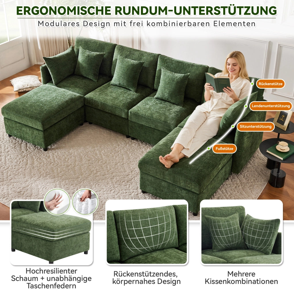 Sofà modulare in chenille con 2 pouf e 6 cuscini, forma a U o L, 278x161x81 cm, per salotto e area living