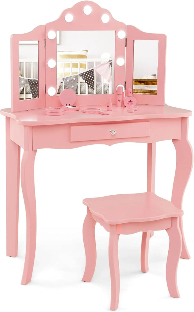 Toeletta Trucco 2 in 1 per Bambina, Specchiera Staccabile per Ragazza in Legno con Sgabello, Cassetto, Ripiani e Giocattoli, Postazione Trucco per 3 Anni, 70 x 34 x 103 cm (Rosa)