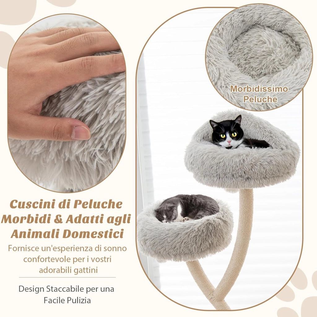 Albero per Gatti Alto 178 cm, Albero Tiragraffi per Gatti con Telaio di Supporto Curvo in Metallo, 3 Cucce Calde e Palline, Pali e Tavoletta Tiragraffi in Sisal, 59 x 59 x 178 cm (Grigio)