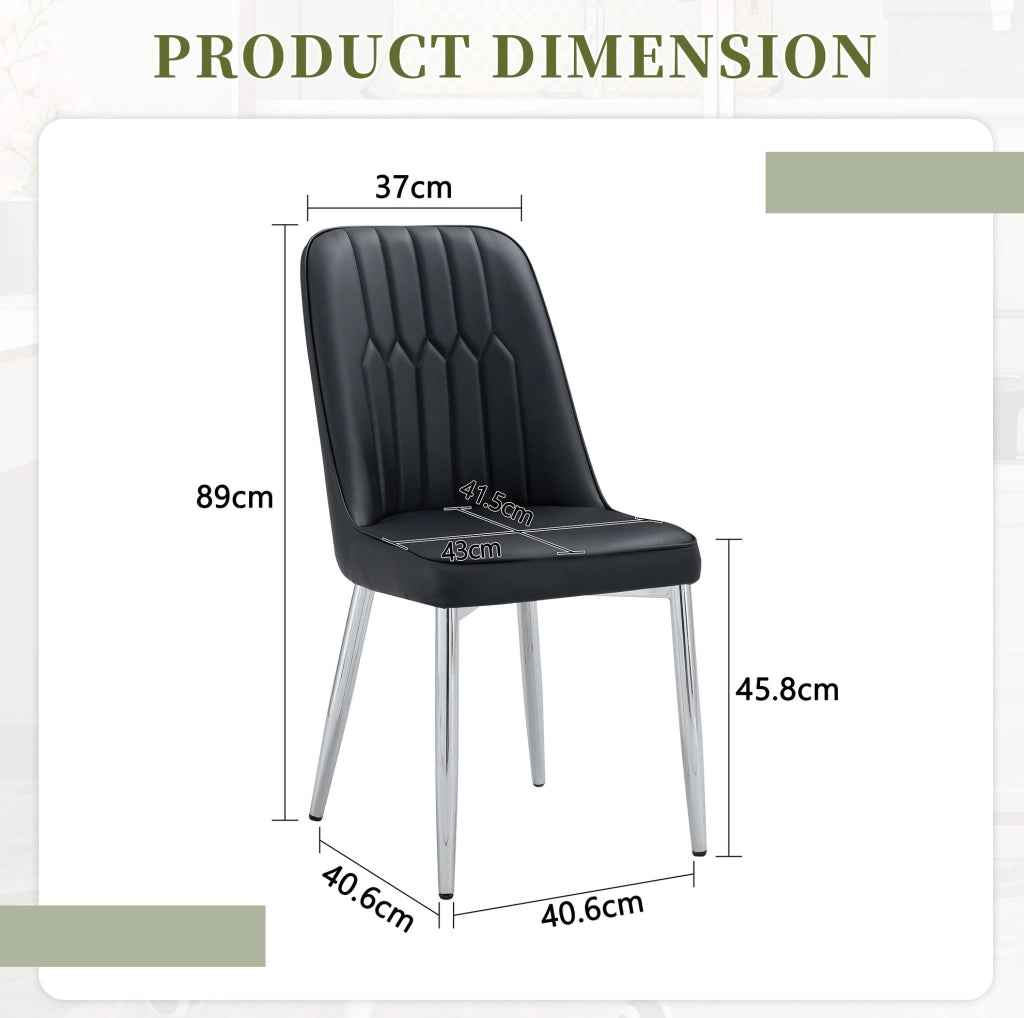 Sedia da pranzo nera in similpelle con gambe in metallo argento, design moderno e minimalista