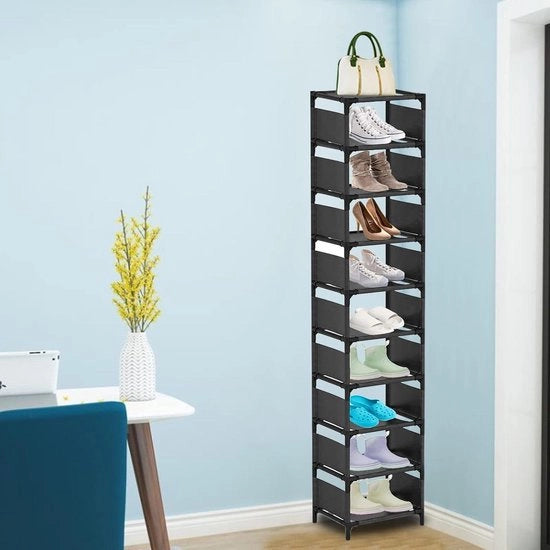 Scaffale per scarpe verticale 10 livelli - Tavolo per scarpe alto e stretto - Spaziale - Organizzatore per scarpe per ingresso - Piastra per scarpe singola - Organizzatore di archiviazione - Nero Scaffale di archiviazione