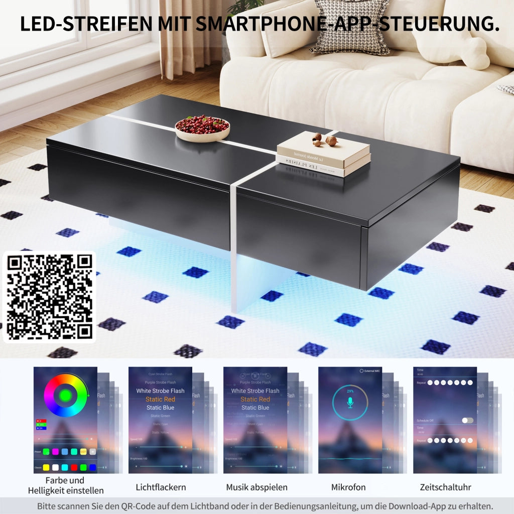 OKWISH Tavolino da Caffè Laccato con 3 Cassetti e LED controllato da applicazione, per Soggiorno, in Truciolare, Nero, 100×50×34,5 cm