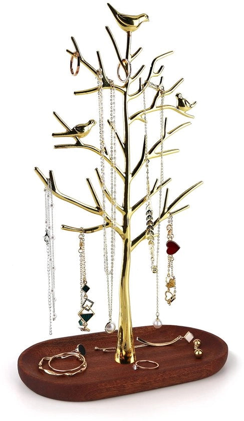 Alberi decorativi in legno per anelli, orecchini, collane e bracciali, grandi dimensioni, foglie dorate. Adatto per soggiorno, bagno, ufficio, ecc.