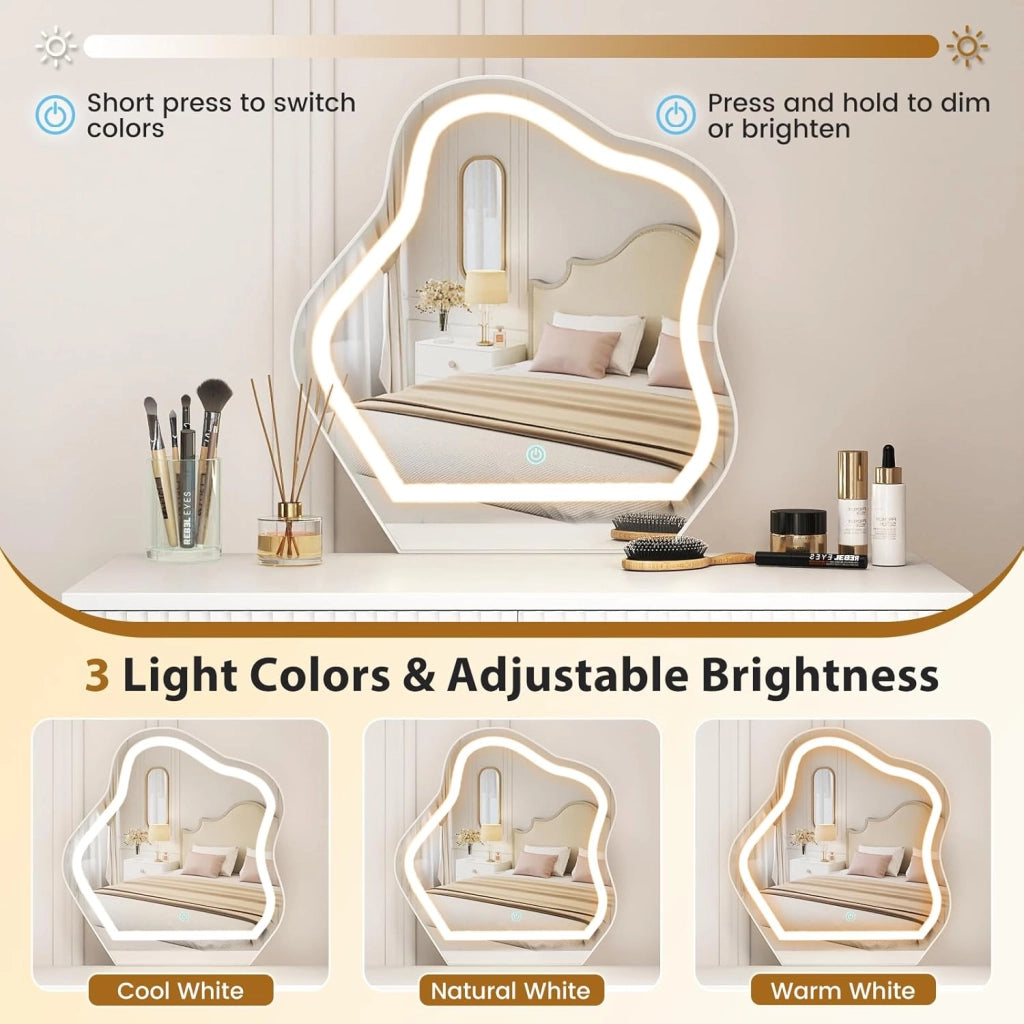 Toeletta con Specchio LED a 3 Colori, Tavolo da Trucco Moderno con 5 Cassetti, 2 Vassoi, Mobiletto e Illuminazione Regolabile, Postazione Trucco per Camera da Letto e Soggiorno