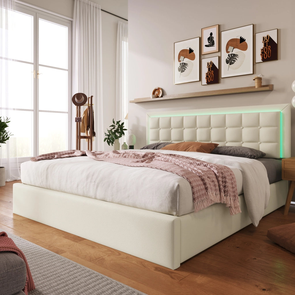 Letto matrimoniale 180x200 cm con LED e vano contenitore bianco