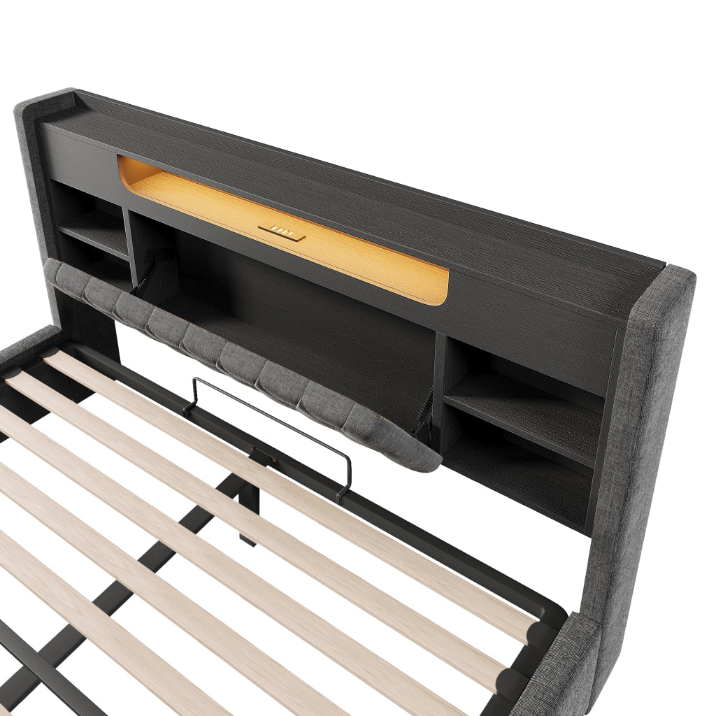 Letto contenitore matrimoniale 140 × 200 cm con LED, USB e Type-C, testiera con ripiani, senza materasso, grigio