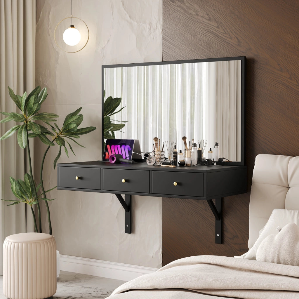 Tavolo da trucco 100x45x105 cm con specchio e 3 cassetti in truciolare nero